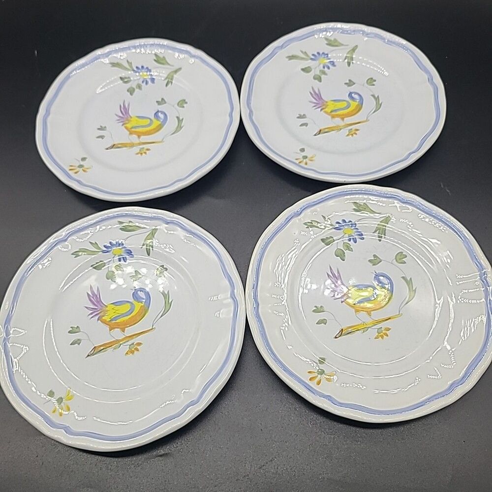 Set (4) Longchamp Perouges Bread & Butter Plates Scalloped Birds Flowers 6.25"